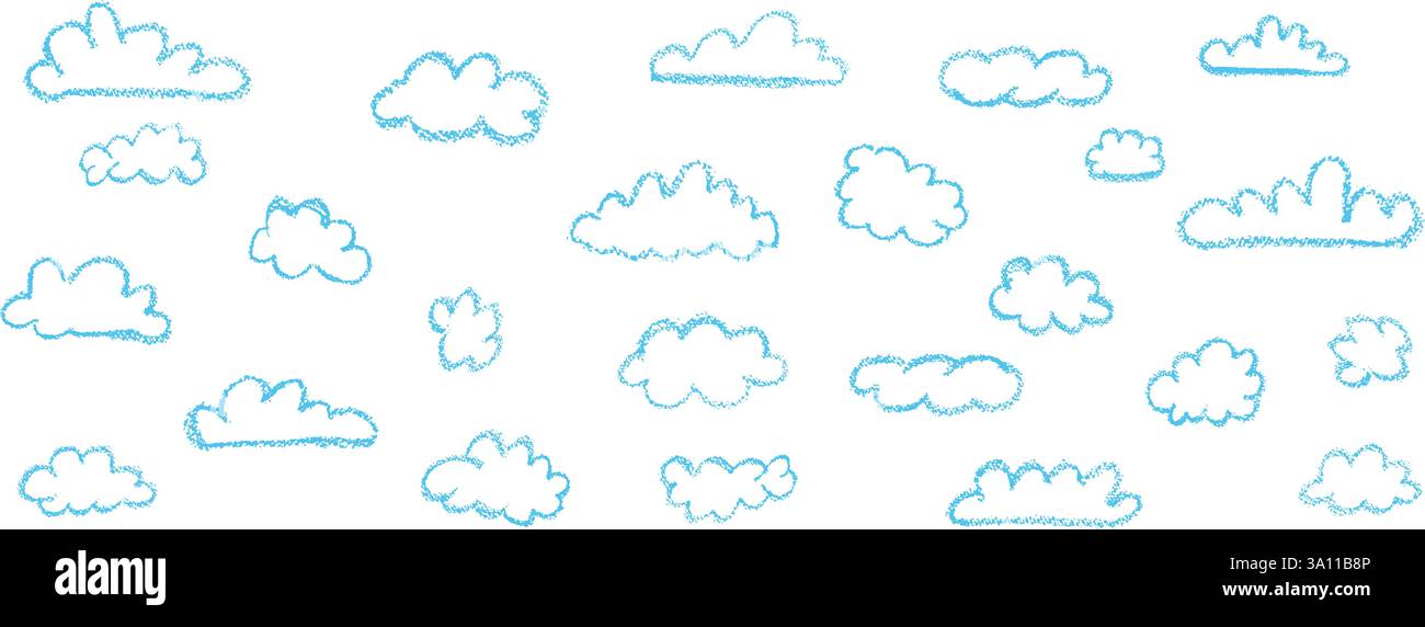 Ensemble de nuages de crayons abstraits. Dessin animé dessiné à la main ciel nuageux. Illustration vectorielle de la collection de tourbillons blancs sur fond blanc. Imitation de A. Illustration de Vecteur