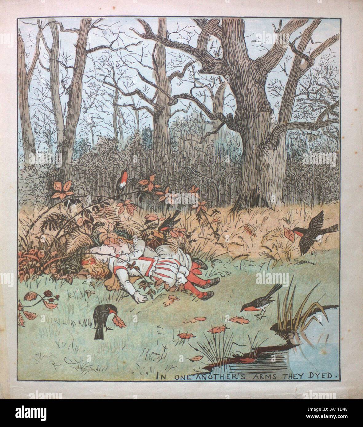 Babes in the Wood le conte traditionnel pour enfants est celui de deux enfants abandonnés dans un bois, qui meurent et sont couverts de feuilles par des robins. Collection de photos et chansons de R. Caldecott, Randolph, 1846-1886, Banque D'Images