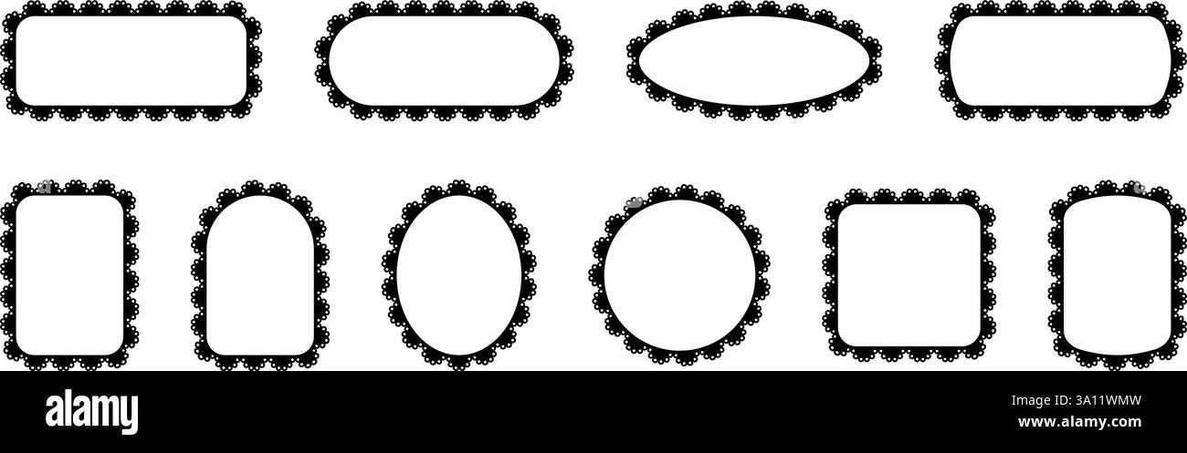 Cadres le long du bord avec motif de crête. Bordures de dentelle en formes carrées, rectangulaires et ovales. Collection vectorielle d'ornements isolés sur fond blanc. Illustration de Vecteur