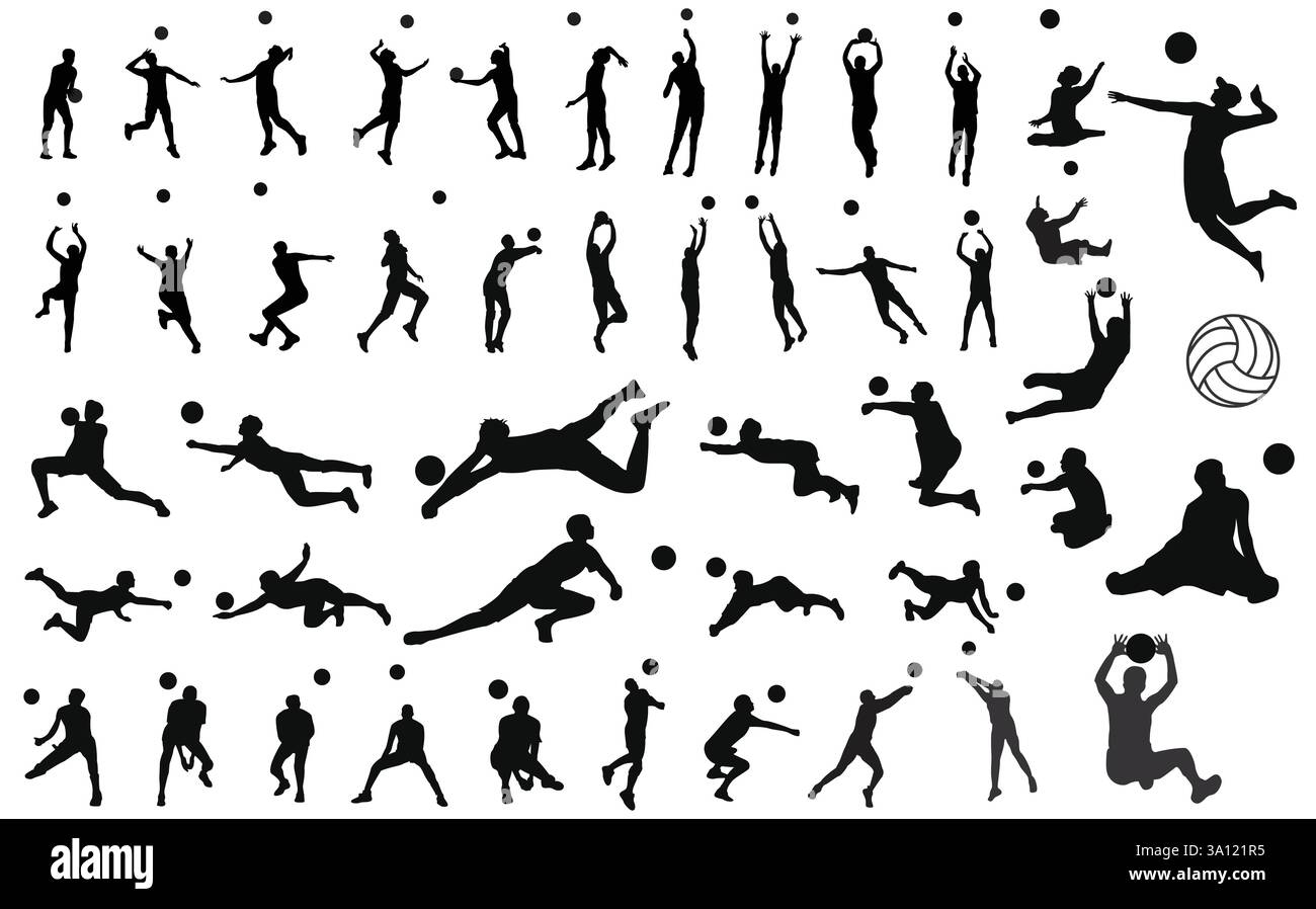 Ensemble de 46 joueurs de volley-ball masculins avec et sans handicap. Icônes pleines découpées. Silhouettes vectorielles de joueur de volley-ball pour hommes. Volley assis. Illustration de Vecteur