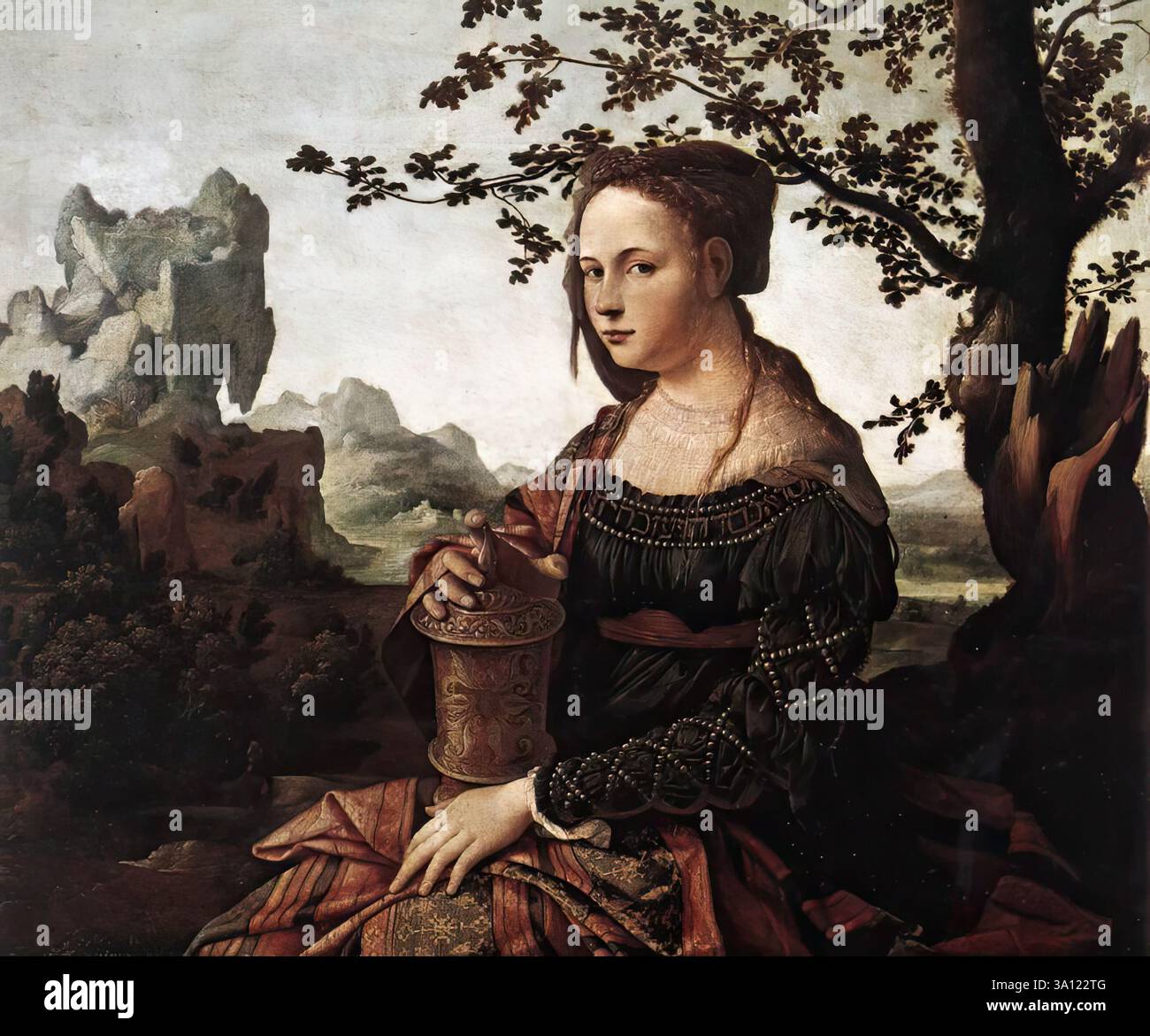 SCOREL, Jan van (né en 1495, Schoorl, mort en 1562, Utrecht) Mary Magdalene - huile sur chêne, 67 x 76,5 cm Rijksmuseum, Amsterdam Scorel a voyagé dans toute l'Allemagne, et en Italie, est allé à Jérusalem en pèlerinage, est revenu à Venise en 1521, a fait fortune en étant à Rome au bon moment pour être pratiquement le seul artiste patronné par le pape hollandais Hadrien VI, est revenu à Utrecht plein des influences de Giorgione, Palma Vecchio, Michel-Vecchio et Raphaël. et plus tard est allé en France. --- mots-clés : ------------- Auteur : SCOREL, Jan van titre : Mary Magdalene Time-lin Banque D'Images