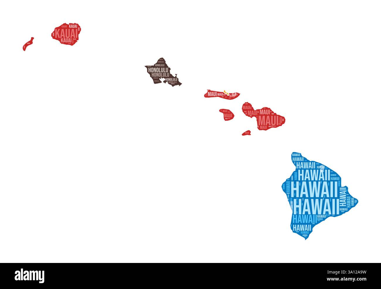 Forme hawaïenne. Indiquez le nuage de mots avec la division du comté. Hawaï illustration colorée. Nuage de noms de comté. Illustration vectorielle. Illustration de Vecteur
