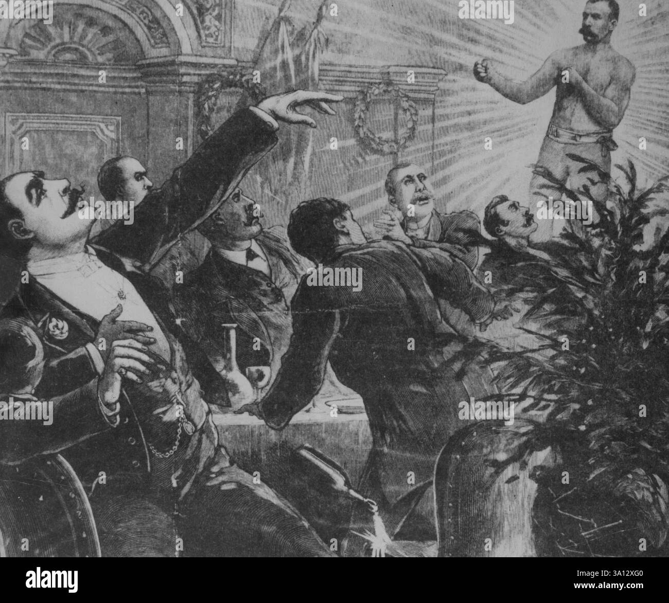 Un dessin de la police Gazette montrant le spectre de Jake Kilrain hantant un banquet Sullivan. Quand ils ont rencontré Sullivan a gagné en 756 rounds. John L. Sullivan avait été battu. Il y avait un avenir pour John L. le 28 août 1950. Banque D'Images
