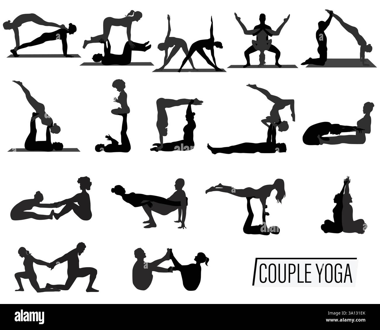 Ensemble de 16 silhouettes de yoga couple découpe des icônes vectorielles dans diverses poses isolées sur fond blanc. Homme, femme, partenaire yoga sur tapis. Illustration de Vecteur