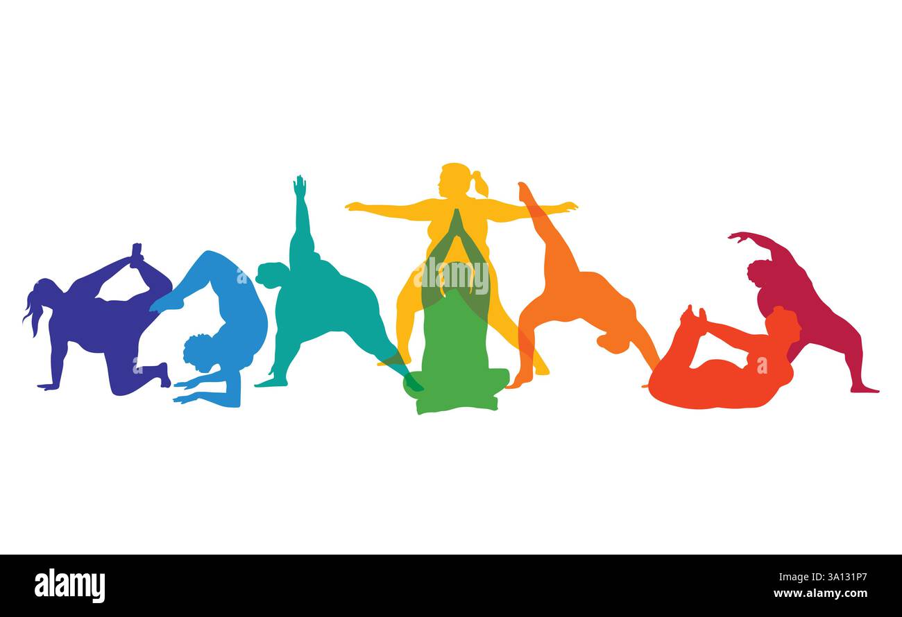 Colorful plus Size Curvy People effectuant du yoga. Fitness, bien-être, guérison spirituelle, silhouettes d'illustration vectorielle de méditation isolées sur blanc. Illustration de Vecteur