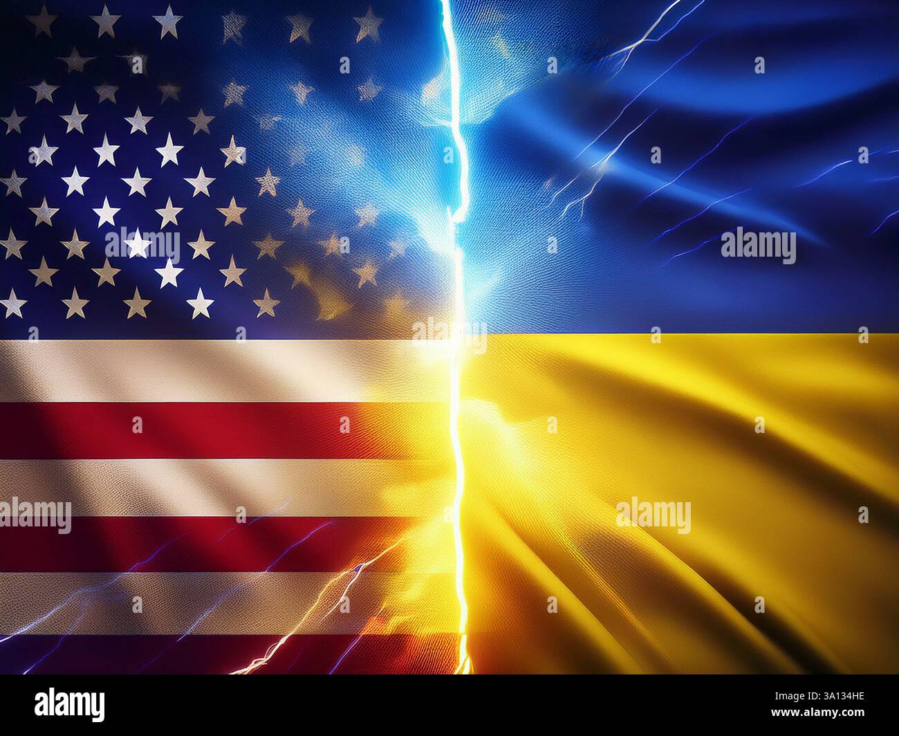 Une représentation symbolique des relations tendues entre les États-Unis et l'Ukraine, représentée avec leurs drapeaux fendus par la foudre, reflétant GE Banque D'Images