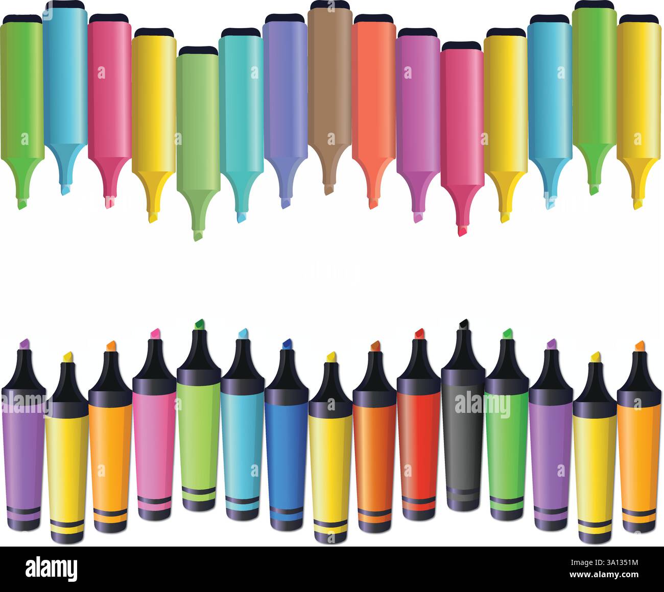 Vagues de stylos marqueurs surligneurs colorés disposés dans une rangée isolée sur fond blanc avec espace de copie. Arts et artisanat et bannière de concept d'école Illustration de Vecteur