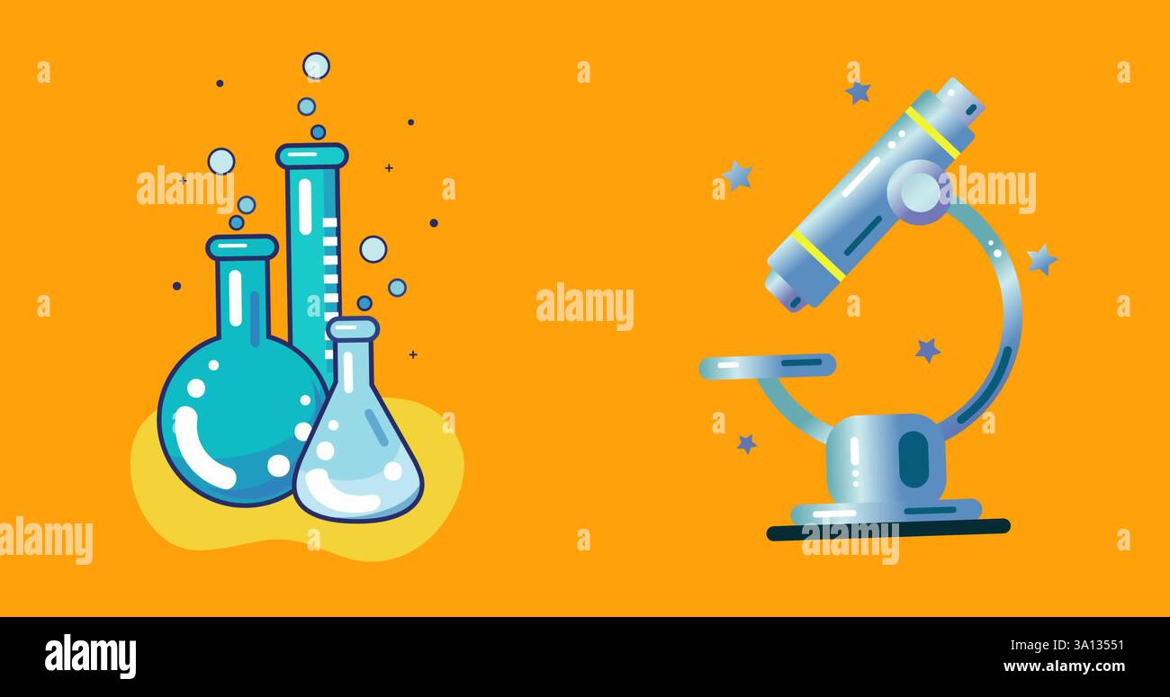 Image de béchers de chimie et microscope sur fond orange Banque D'Images