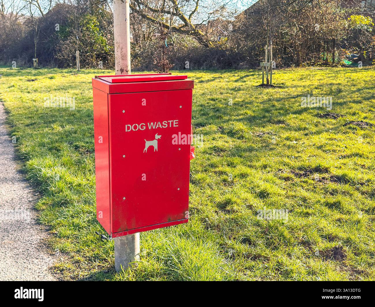 Poubelle métallique pour déchets de chien dans un parc public. Personne. - Image de stock capturée avec un smartphone