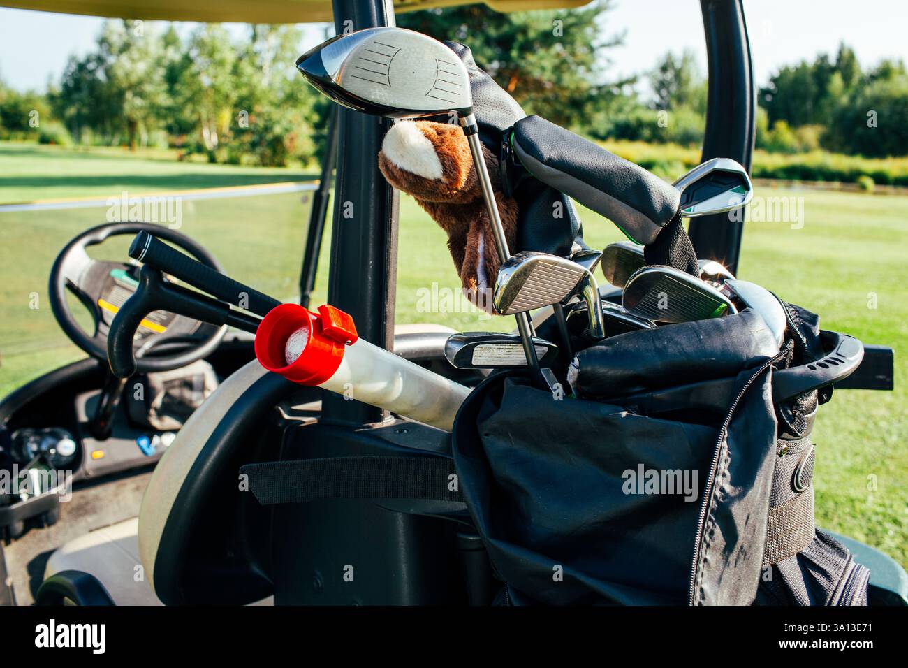 Un sac de golf bien préparé rempli de clubs et d'accessoires, sur fond pittoresque d'un parcours de golf verdoyant. Banque D'Images