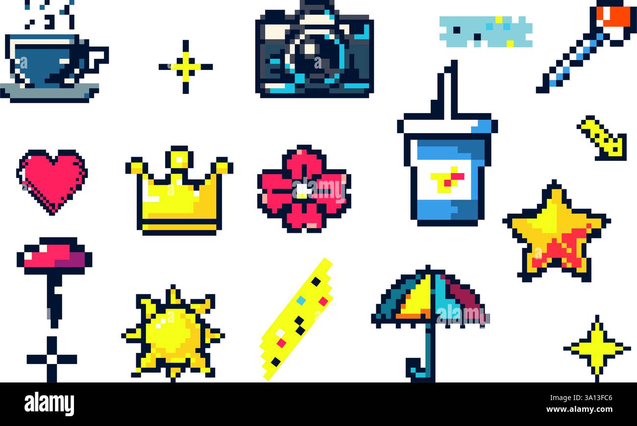 Collection d'icônes Pixel Art comprenant Un appareil photo, une couronne, une tasse, une étoile et une fleur dans Une esthétique rétro 8 bits Illustration de Vecteur