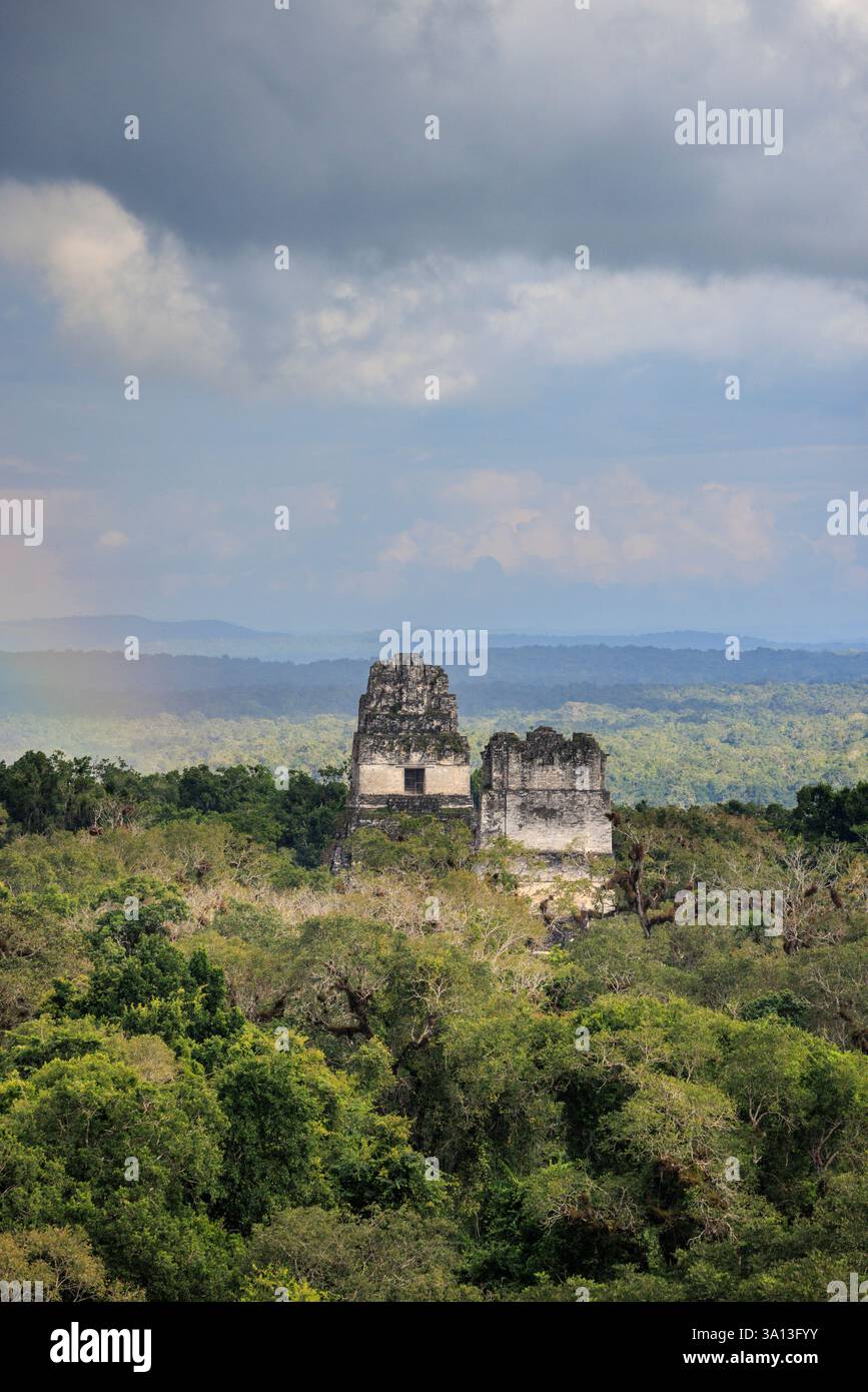 Temples mayas émergeant de la jungle au parc national de Tikal, Guatamala, Amérique centrale Banque D'Images