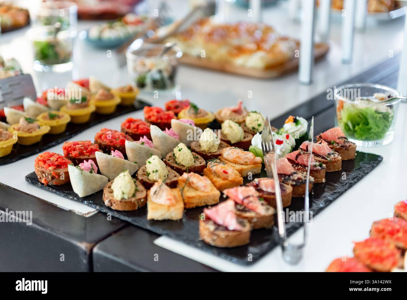 Une exposition vibrante de canapés assortis invite les invités à une réunion culinaire animée. Chaque bouchée de la taille d'une bouchée tente le palais avec des ingrédients frais Banque D'Images