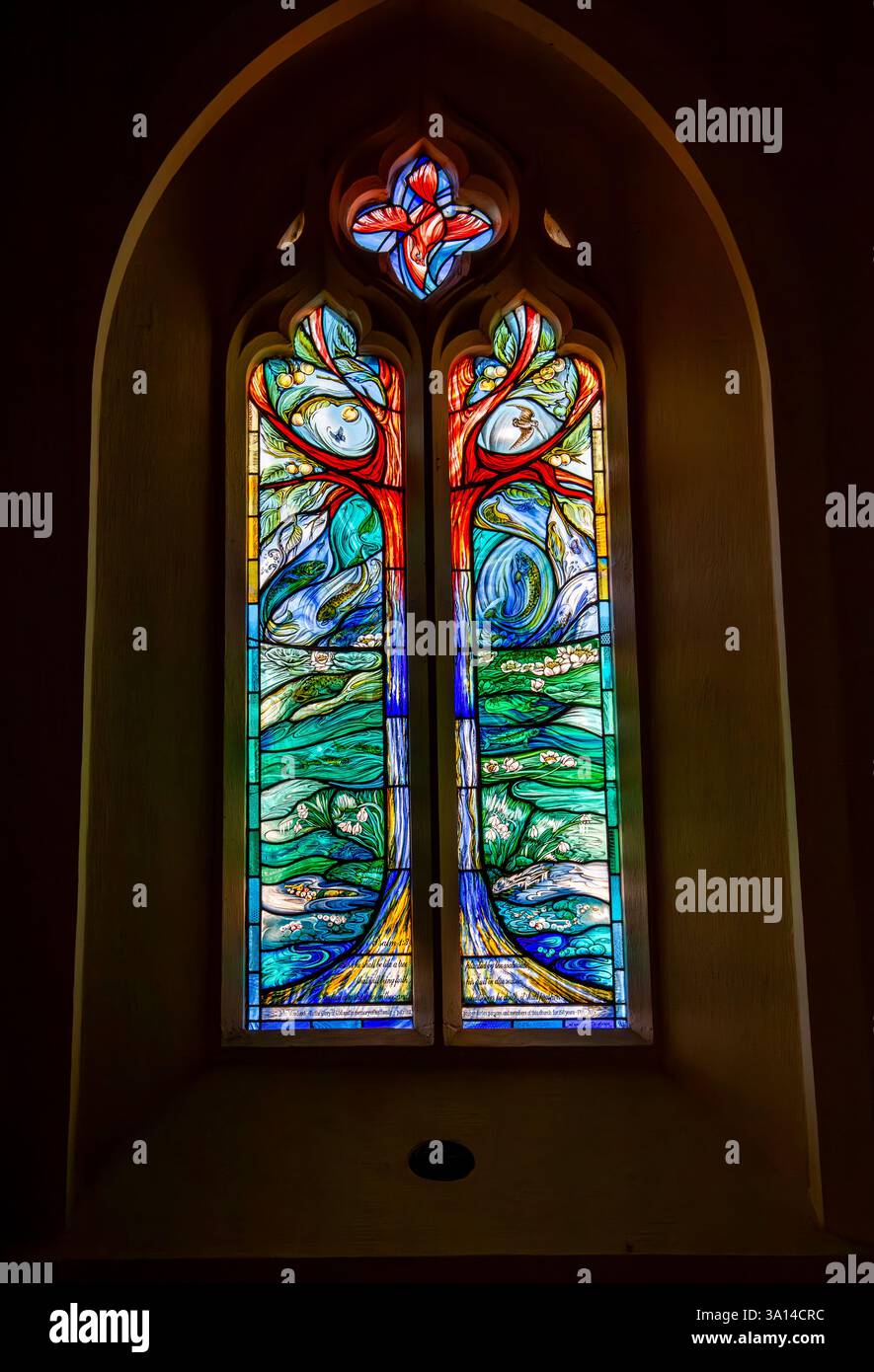 Vitrail coloré représentant les arbres et la nature dans un cadre d'église, présentant des dessins complexes et des illustrations vibrantes Banque D'Images