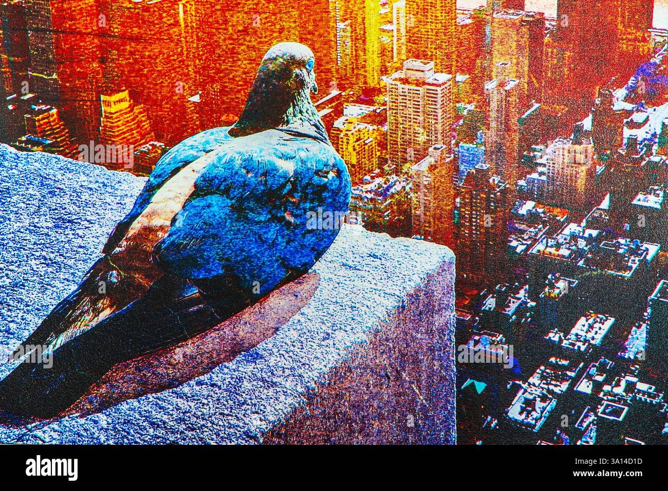 Dessin stylisé de pigeons assis sur le rebord de l'Empire State Building surplombant les gratte-ciel colorés de New York. New York. ÉTATS-UNIS. Banque D'Images