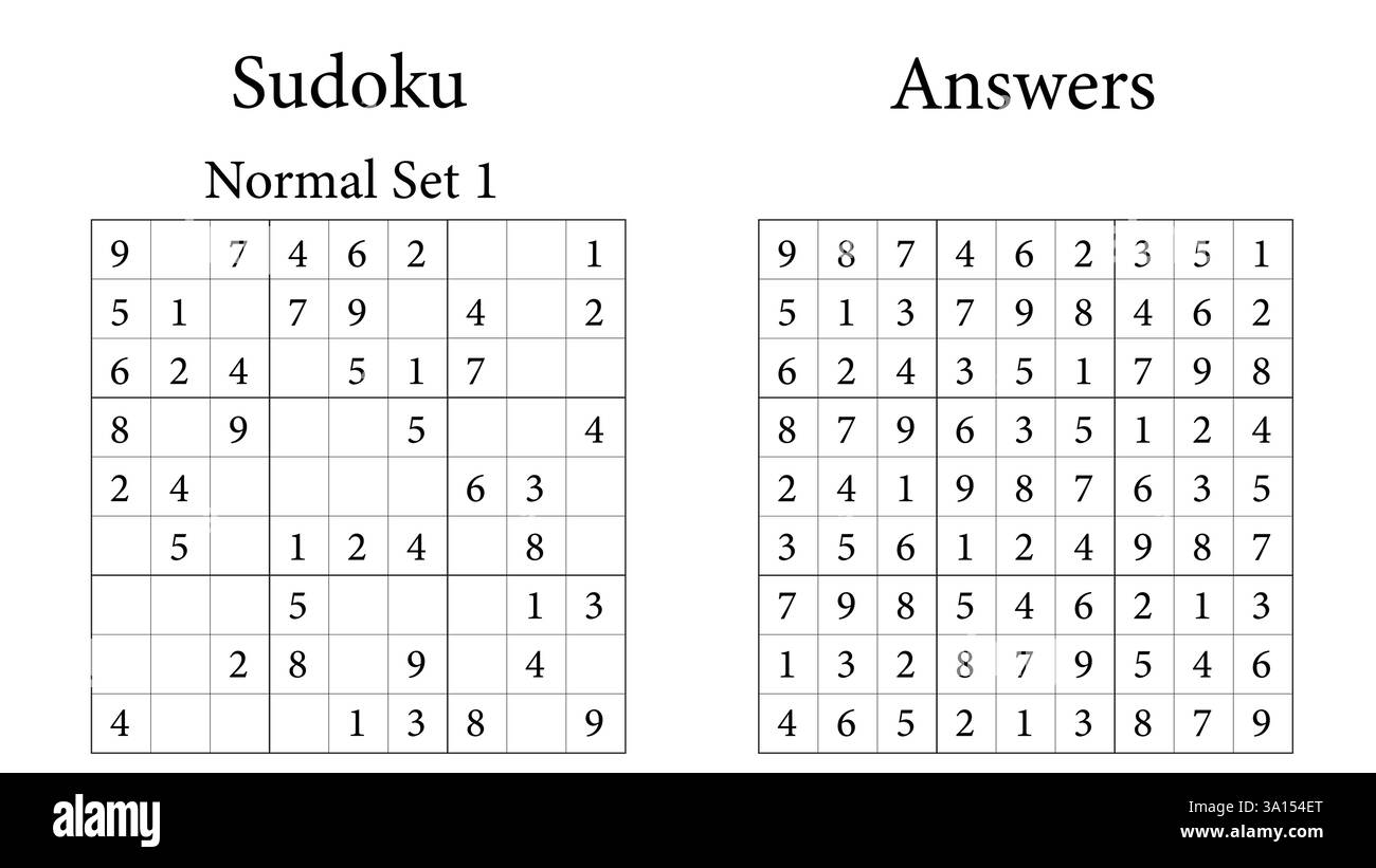Sudoku Puzzle 9x9 Set 1 normal avec des réponses, jeu amusant d'entraînement cérébral pour les enfants, les adolescents et les adultes, vecteur Illustration de Vecteur
