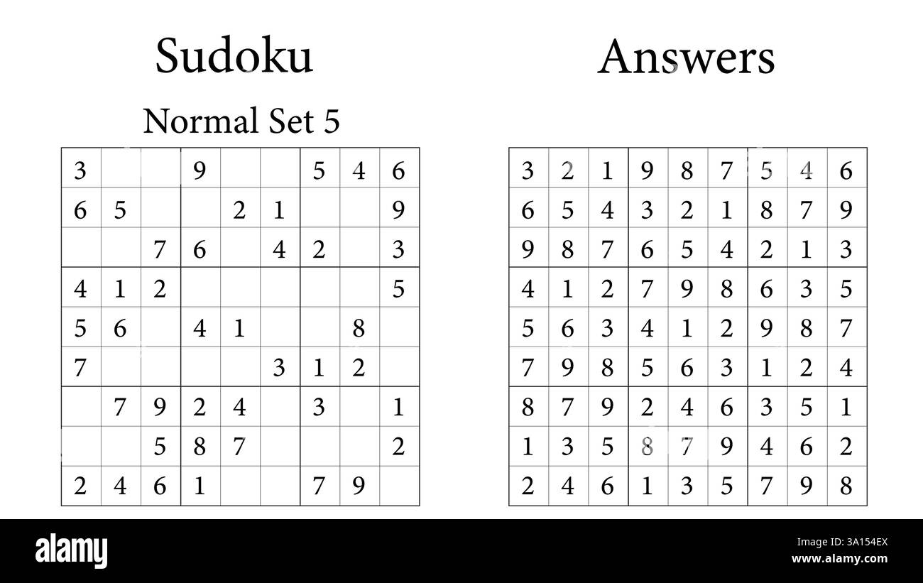 Sudoku Puzzle 9x9 Set 5 normal avec des réponses, jeu amusant d'entraînement cérébral pour les enfants, les adolescents et les adultes, vecteur Illustration de Vecteur