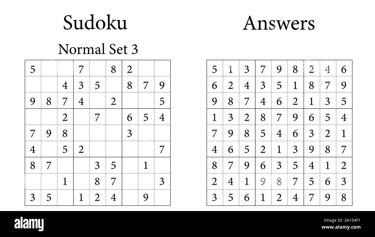 Sudoku Puzzle 9x9 Set 3 normal avec des réponses, jeu amusant d'entraînement cérébral pour les enfants, les adolescents et les adultes, vecteur Illustration de Vecteur