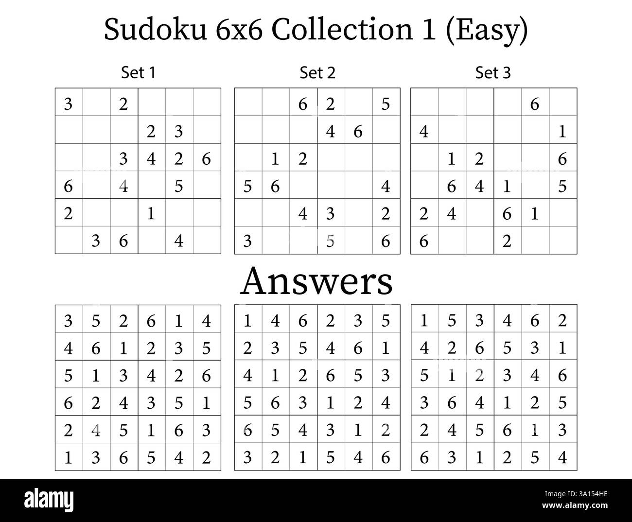 Sudoku Puzzle 6x6 Collection 1 facile avec des réponses, amusant jeu d'entraînement cérébral pour les enfants, les adolescents et les adultes, vecteur Illustration de Vecteur