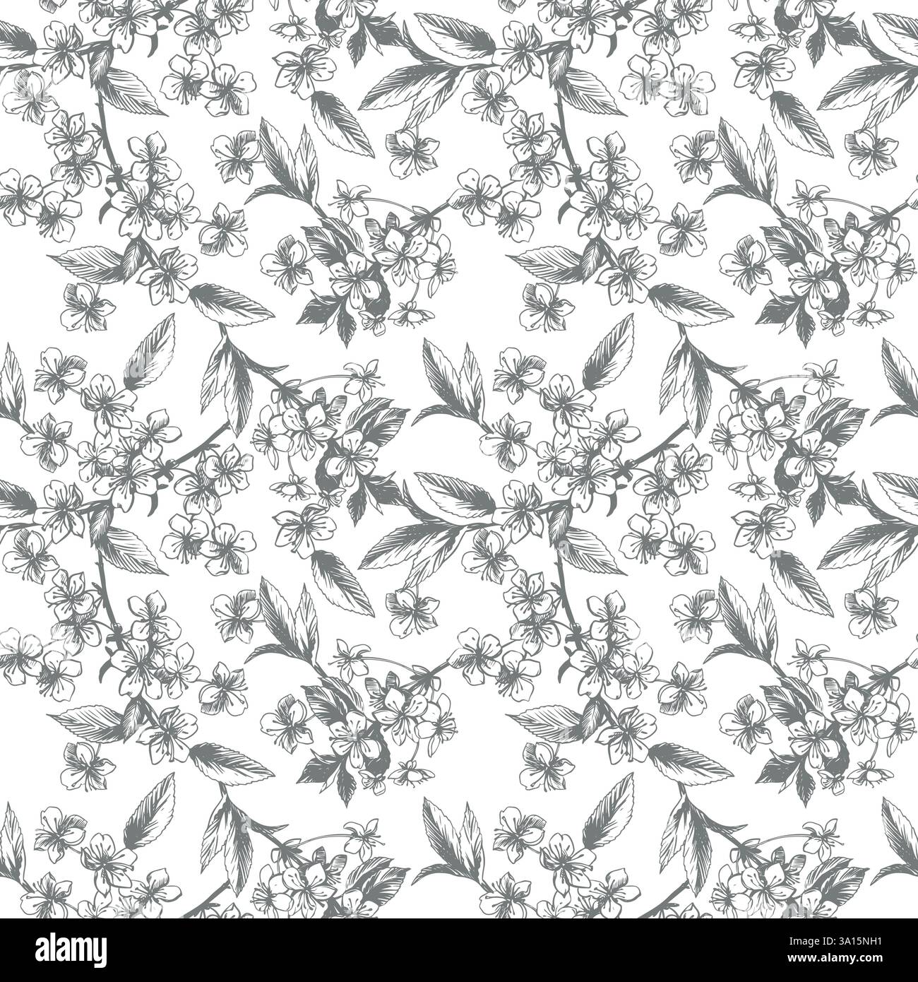 Modèle sans couture de vecteur de branche de sakura en fleurs. Fond de fleur de cerisier de printemps dans la technique de gravure vintage. Dessin à l'encre noire pour cosmétiques, emballage alimentaire, décorations de mariage. Illustration de Vecteur
