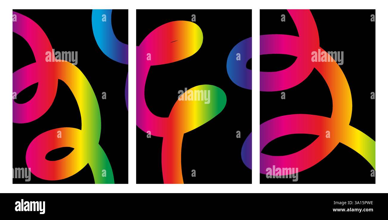 Triptyque d'art numérique abstrait avec des lignes courbes dégradées colorées se déplaçant sur fond noir Illustration de Vecteur