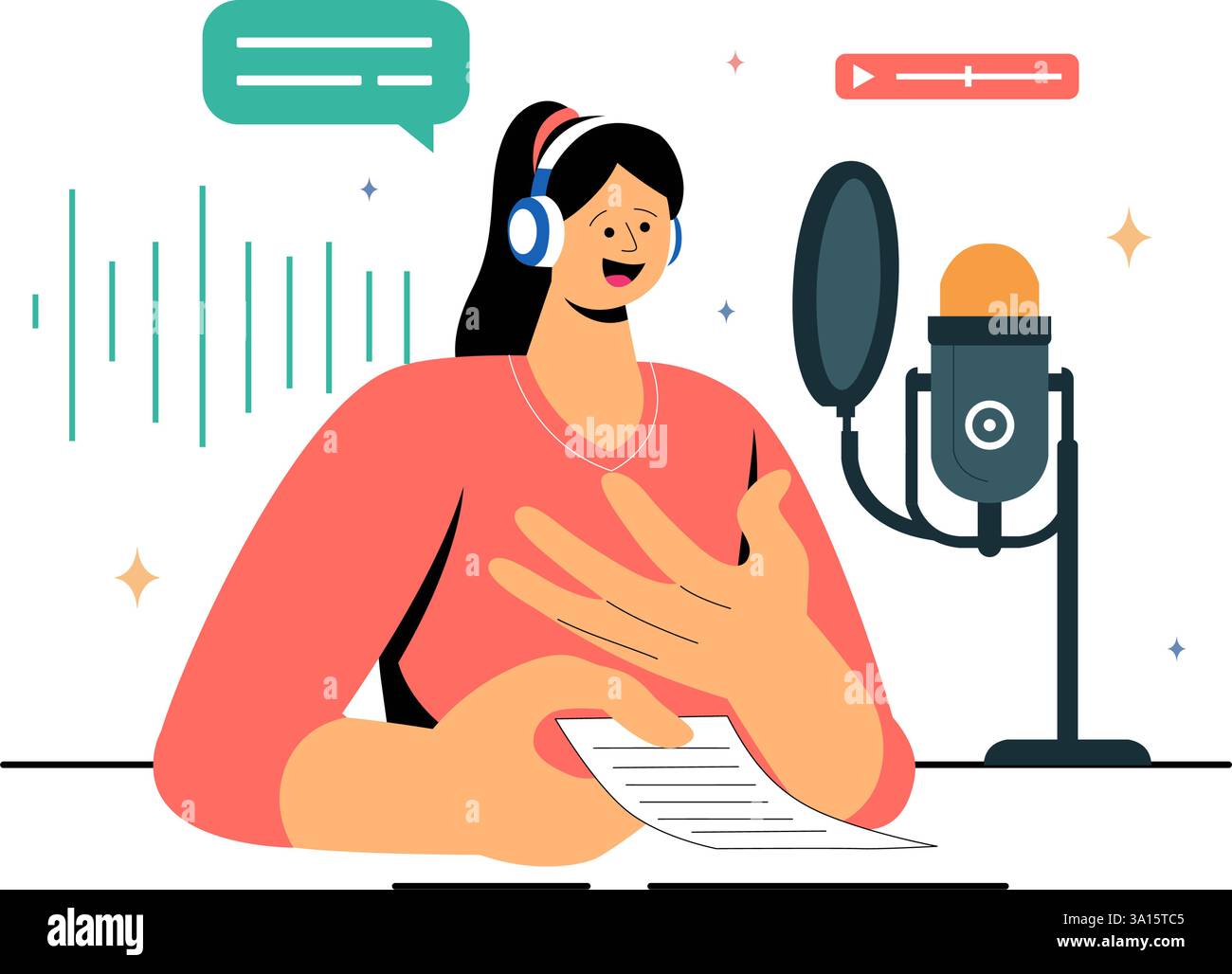 Représentation vocale illustration vectorielle mettant en vedette un acteur de production cinématographique jouant la voix pour une scène de film, doublant un film ou une série télévisée Illustration de Vecteur