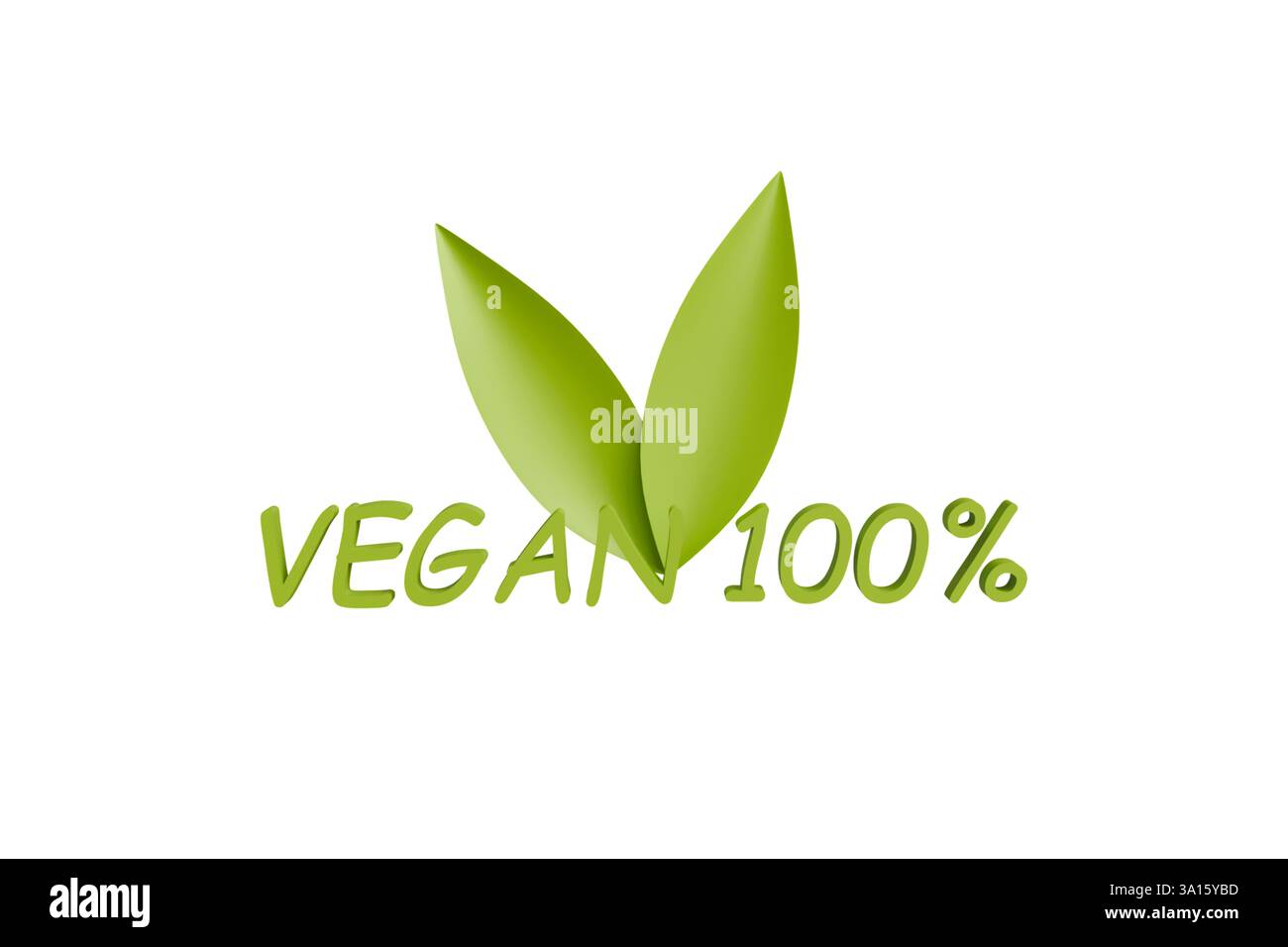 Texte 3D vegan 100 vert et deux feuilles vertes sur fond blanc gros plan Banque D'Images