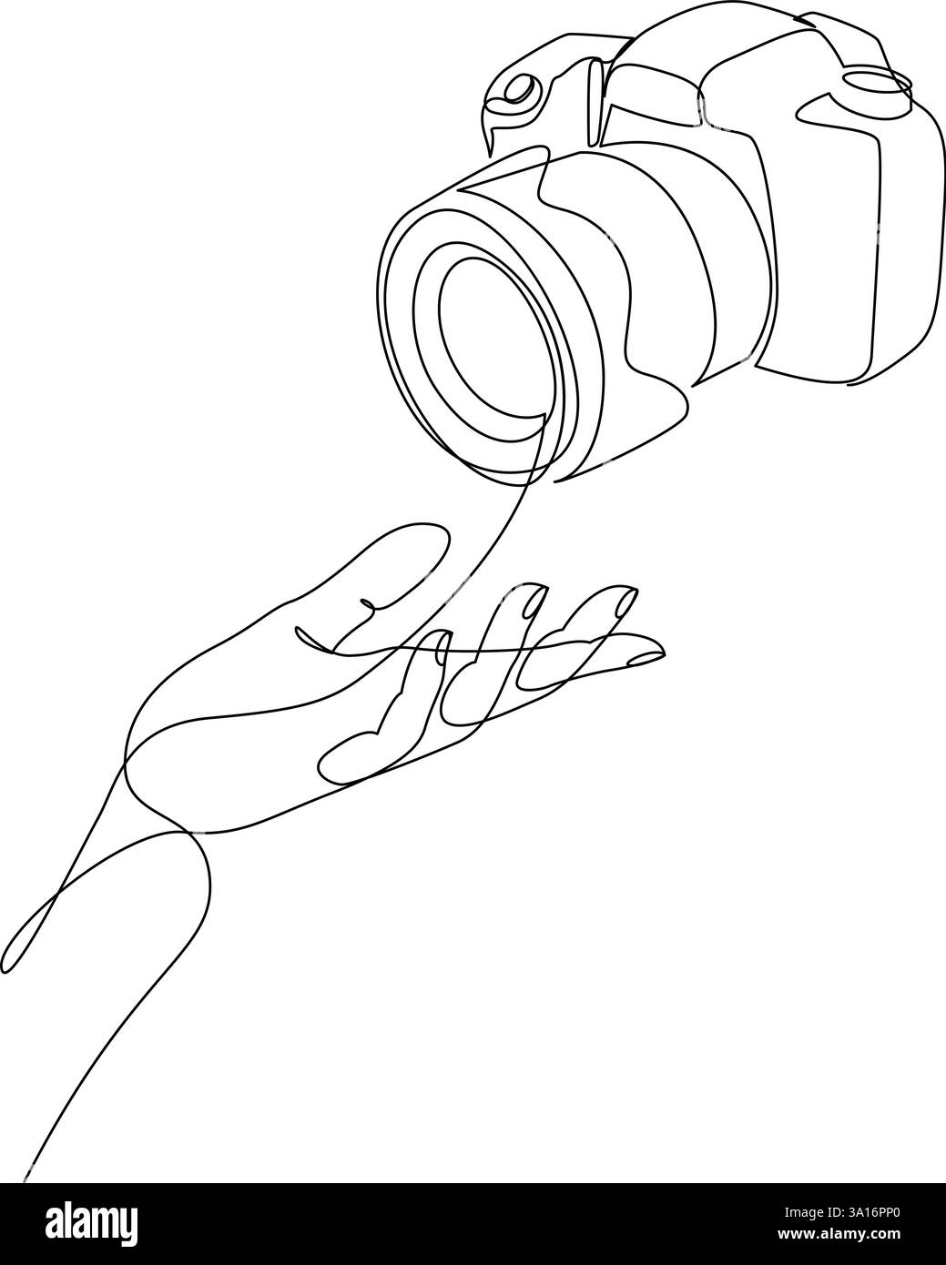 Main humaine tenant une caméra dessin au trait continu. Reflex numérique ou appareil photo sans miroir. Symbole de concept de magasin d'équipement photo dessiné par une seule ligne. Illustration de Vecteur