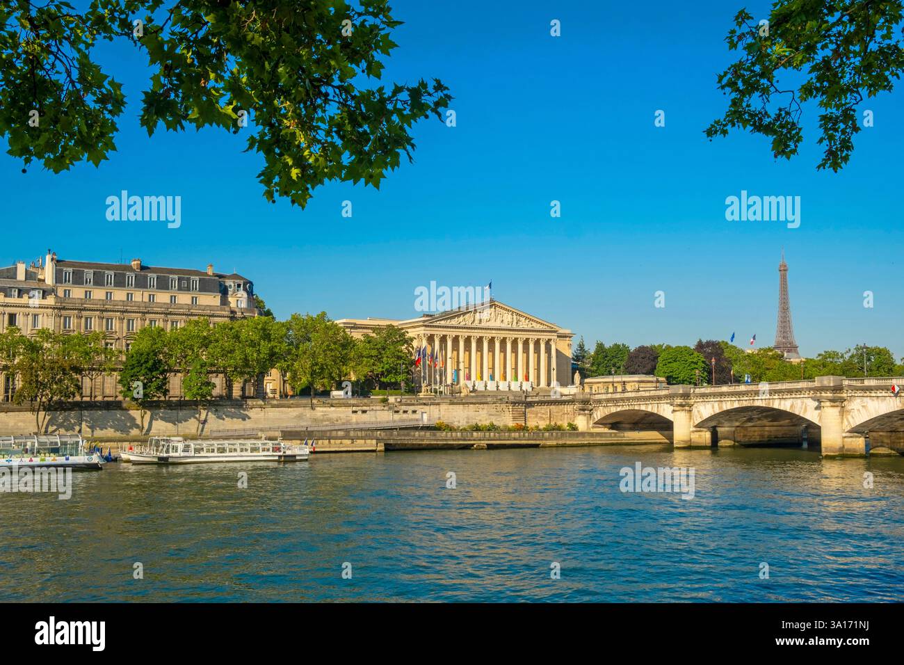 La France, Paris, les rives de Seine classées au Patrimoine mondial de l'UNESCO, le Pont de la Concorde, l'Assemblée nationale et la Tour Eiffel Banque D'Images
