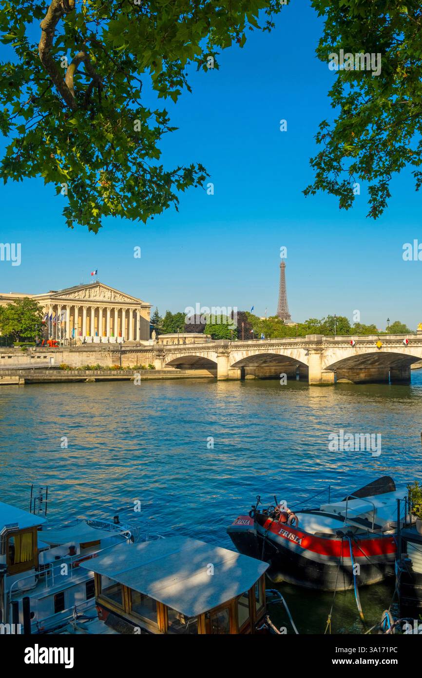 La France, Paris, les rives de Seine classées au Patrimoine mondial de l'UNESCO, le Pont de la Concorde, l'Assemblée nationale et la Tour Eiffel Banque D'Images