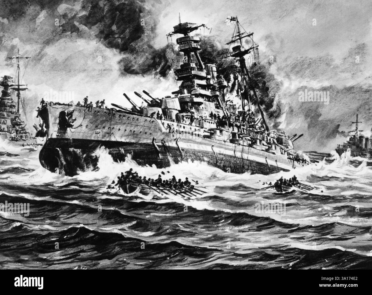 Naufrage du cuirassé britannique Royal Oak par l'U 47 à Scapa Flow. Dessin de F. Friedel. [traduction automatique] Banque D'Images