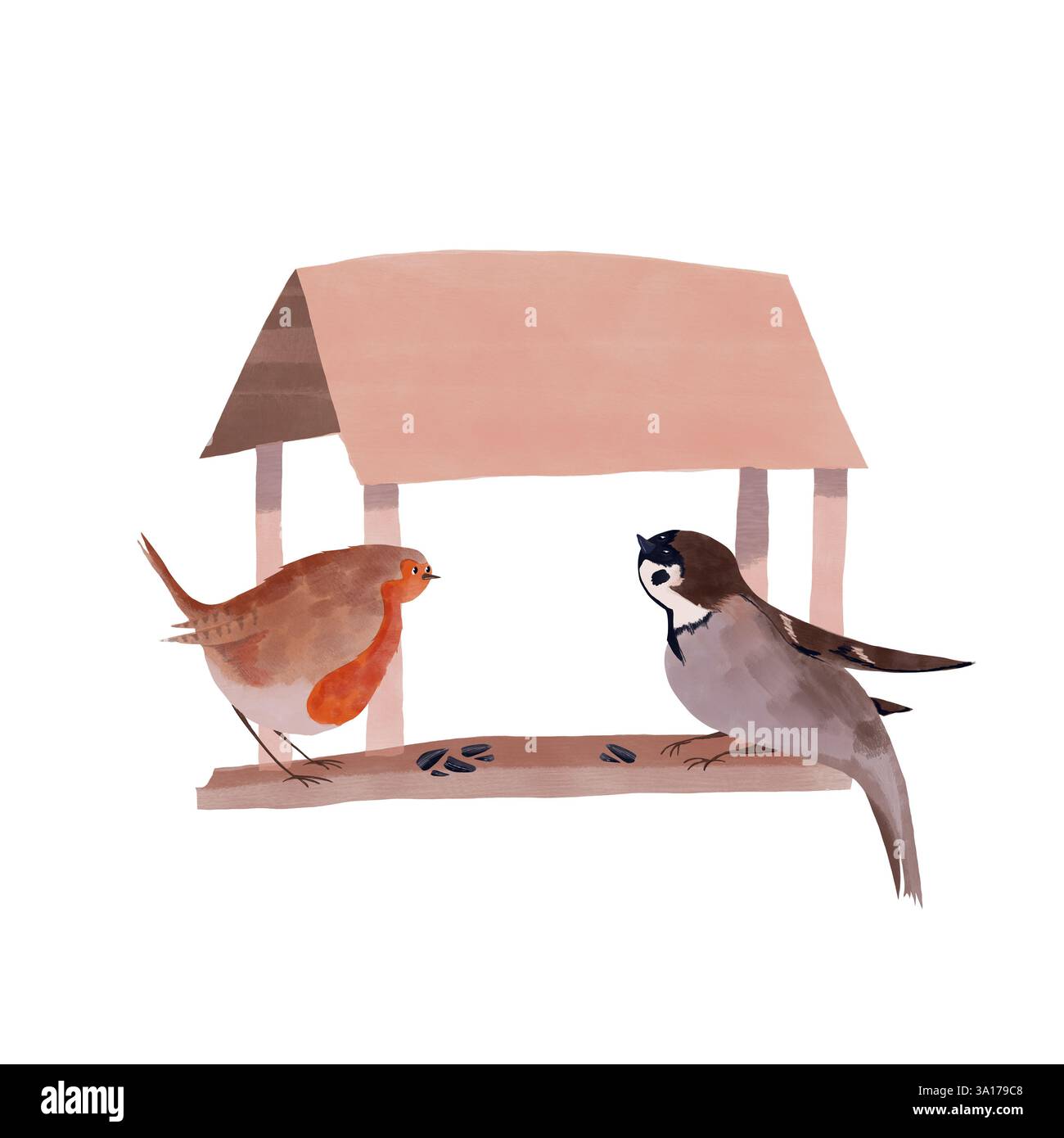 Une illustration d'aquarelle dessinée à la main représentant un rouge-gorge et un moineau dans un mangeoire à oiseaux en bois clair rempli de graines. Créé dans une illustration enfantine Banque D'Images
