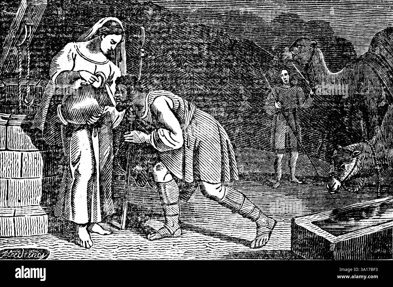 Rebecca va chercher de l'eau dans un puits et donne à boire au serviteur, une cruche, des chameaux, un abreuvoir, la Genèse, gravure sur bois, histoire biblique de Christoph Schmid 1 Banque D'Images Rebecca va chercher de l'eau dans un puits et donne à boire au serviteur, une cruche, des chameaux, un abreuvoir, la Genèse, gravure sur bois, histoire biblique de Christoph Schmid 1 Banque D'Images