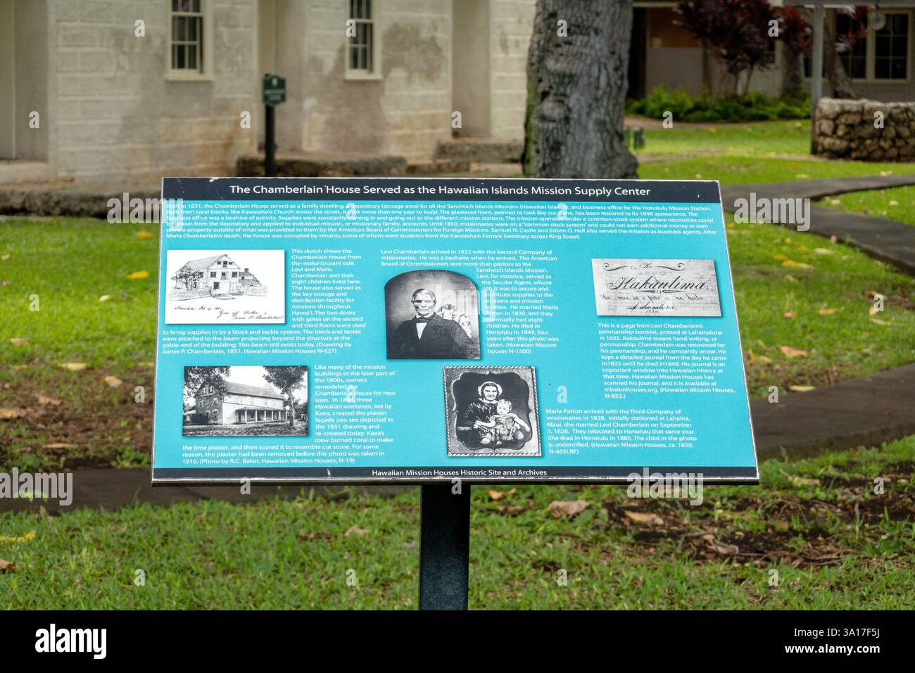 Hawaiian Mission Houses Historic site and Archives Sign, South King St, Honolulu, The original Christian Missionary House and Warehouse on O'ahu, Hawaii Banque D'Images
