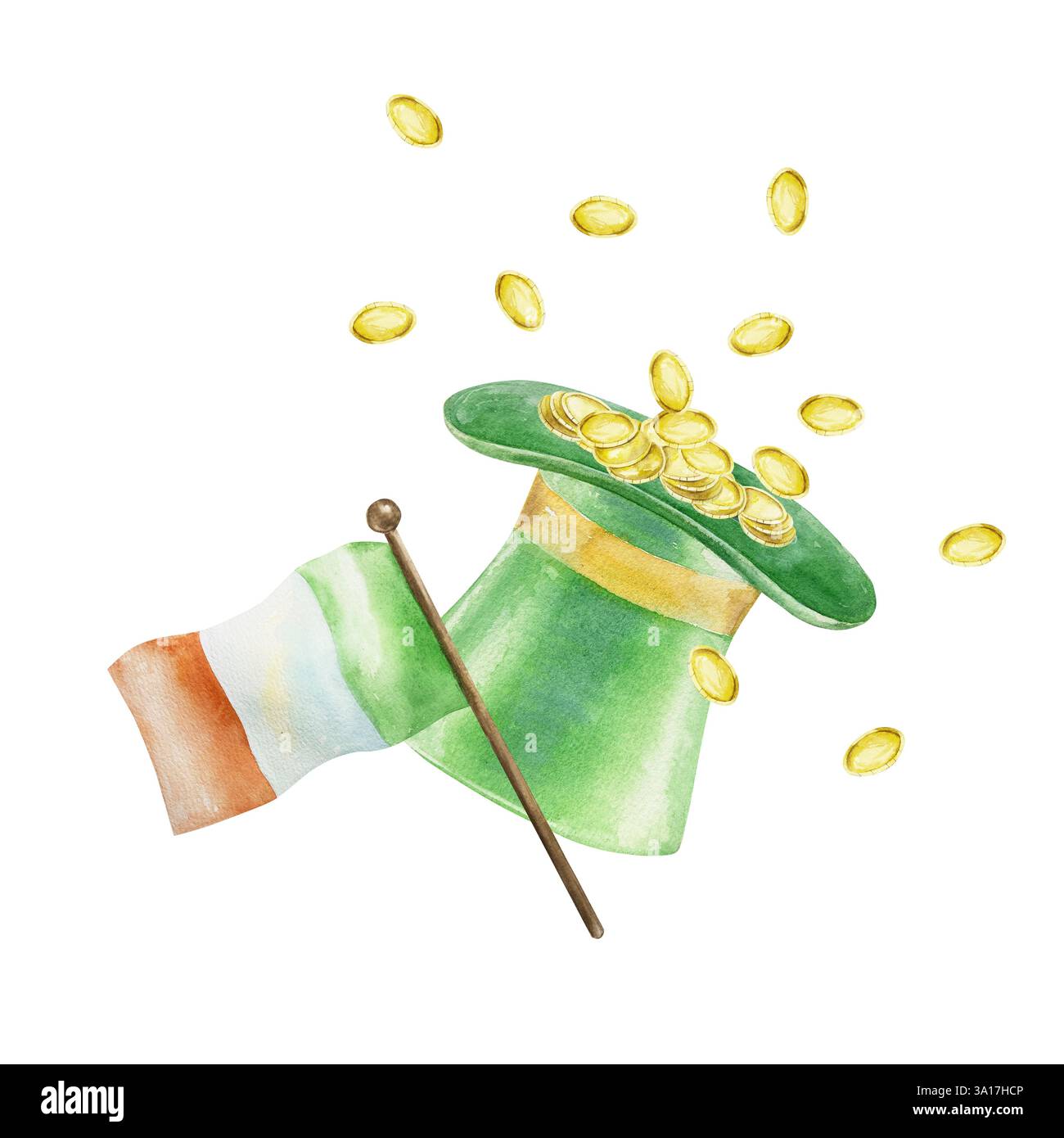 Cylindre vert avec pièces d'or et drapeau irlandais. Symboles du jour férié de la Saint Patricks. Illustration d'aquarelle dessinée à la main isolée sur blanc. Pour greeti Banque D'Images