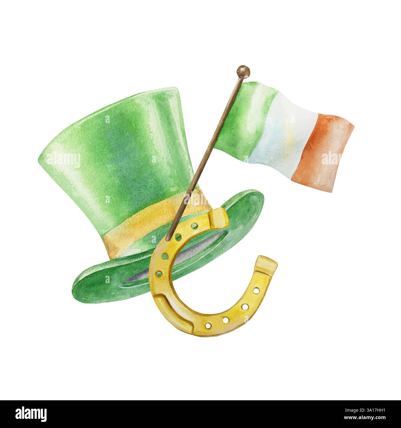 Chapeau vert, drapeau irlandais et fer à cheval doré. Symboles du jour férié de la Saint Patricks. Illustration d'aquarelle dessinée à la main isolée sur blanc. Pour saluer Banque D'Images