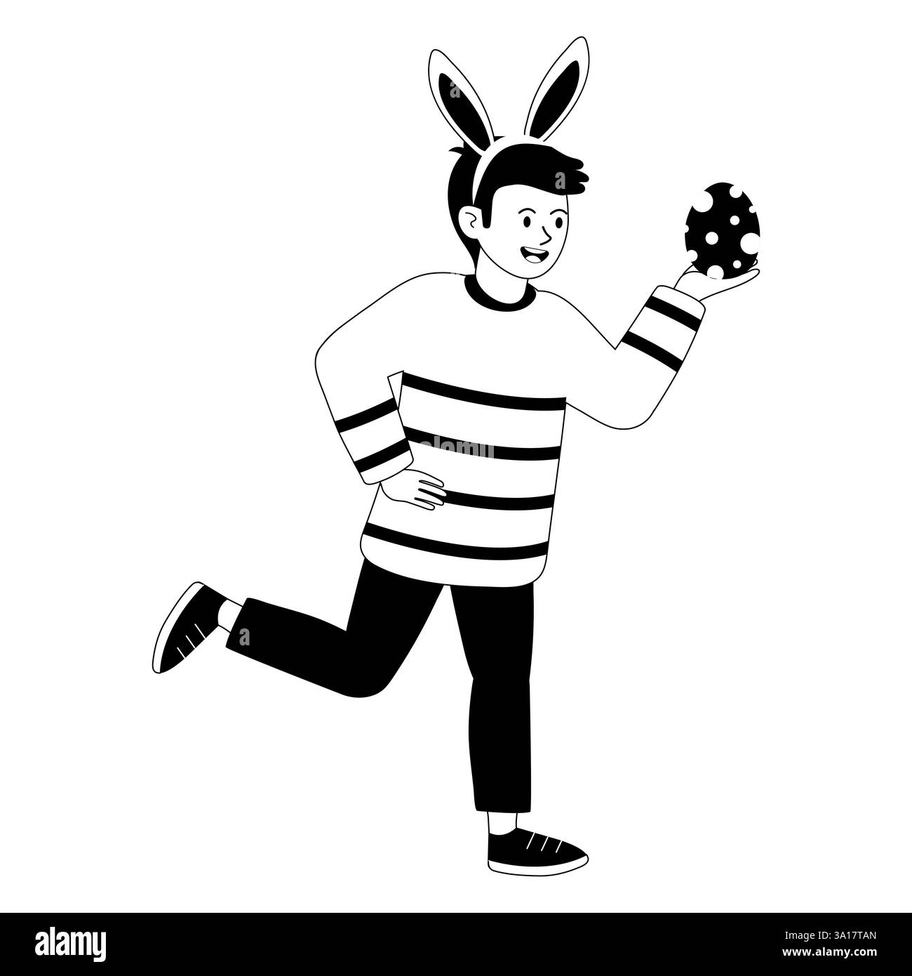 Garçon vêtu d'oreilles de lapin tenant un œuf coloré tout en célébrant un événement festif de vacances Illustration de Vecteur