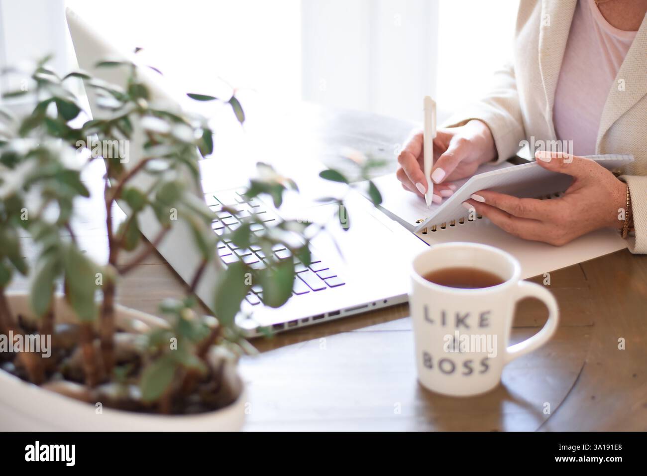 Femme d'affaires assise au bureau écrivant des notes avec tasse dit comme un patron Banque D'Images Femme d'affaires assise au bureau écrivant des notes avec tasse dit comme un patron Banque D'Images