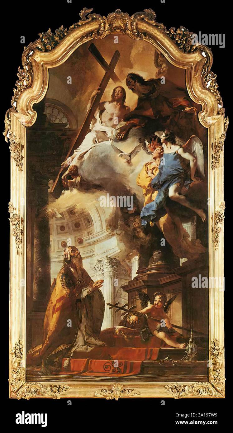 TIEPOLO, Giovanni Battista (né en 1696, Venise, décédé en 1770, Madrid) le pape Saint Clément adorant la Trinité 1737-38 huile sur toile, 488 x 256 cm Alte Pinakothek, Munich la peinture montre le pape Clément Ier en prière, dans un cadre architectural ecclésiastique qui ne peut pas être identifié plus étroitement, avant une vision de la Sainte Trinité. Les expressions faciales animées suggèrent une conversation entre Clément et Dieu le Père, qui est encore plus dramatisée par les forts contrastes chiaroscuro. Dans une allusion au lien particulier entre le donateur et son célèbre saint patron, Tiepolo prête le por Banque D'Images