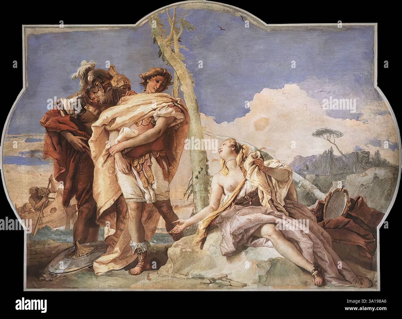 TIEPOLO, Giovanni Battista (né en 1696, Venezia, décédé en 1770, Madrid) Rinaldo abandonnant Armida 1757 Fresco, 220 x 310 cm Villa Valmarana, Vicence pendant les croisades, Rinaldo, qui s'était laissé emporter sur une île par la sorcière Armida, est resté loin des combats. Deux guerriers ont été envoyés pour le ramener. Ils le découvrent dans le jardin enchanté d'Armida et lui tiennent un bouclier, comme un miroir dans lequel il reconnaît qu'il a négligé ses devoirs. Il abandonne la sorcière et retourne à la bataille. La scène est divisée au milieu par un arbre. Armida est assis sur sa plate-forme Banque D'Images