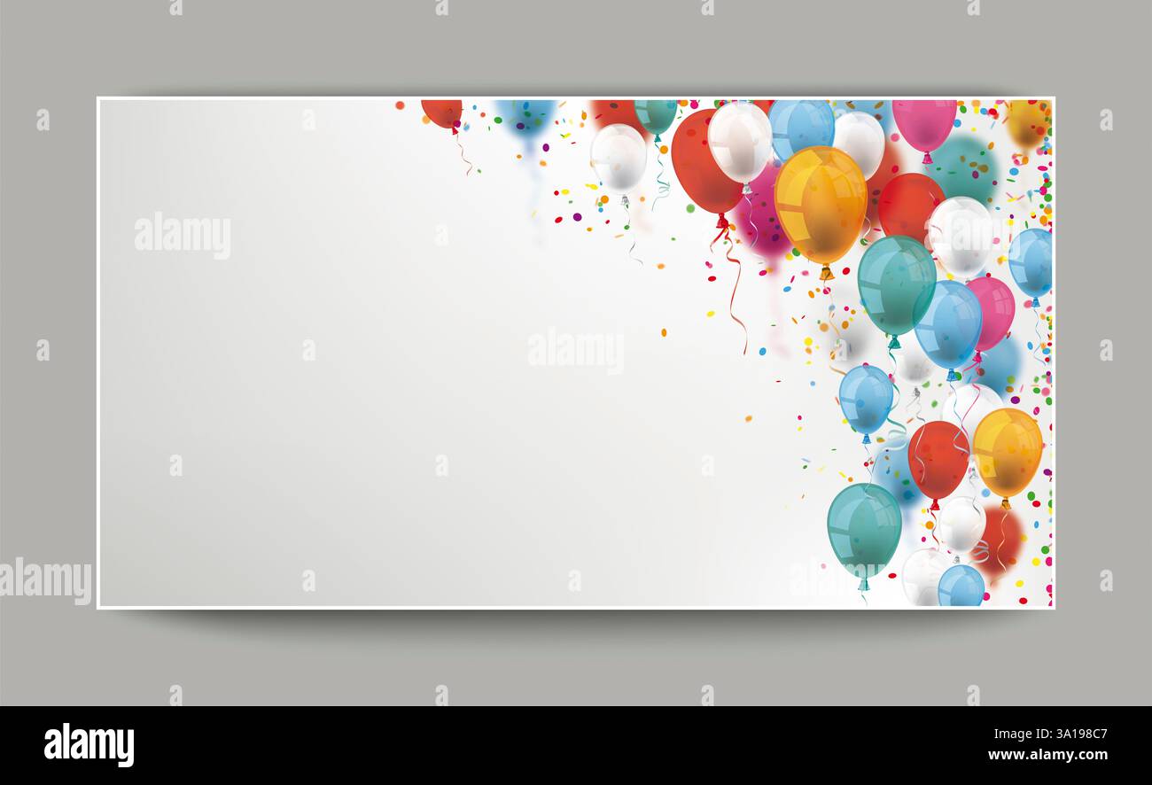 Ballons colorés et confettis sur le fond gris. Banque D'Images