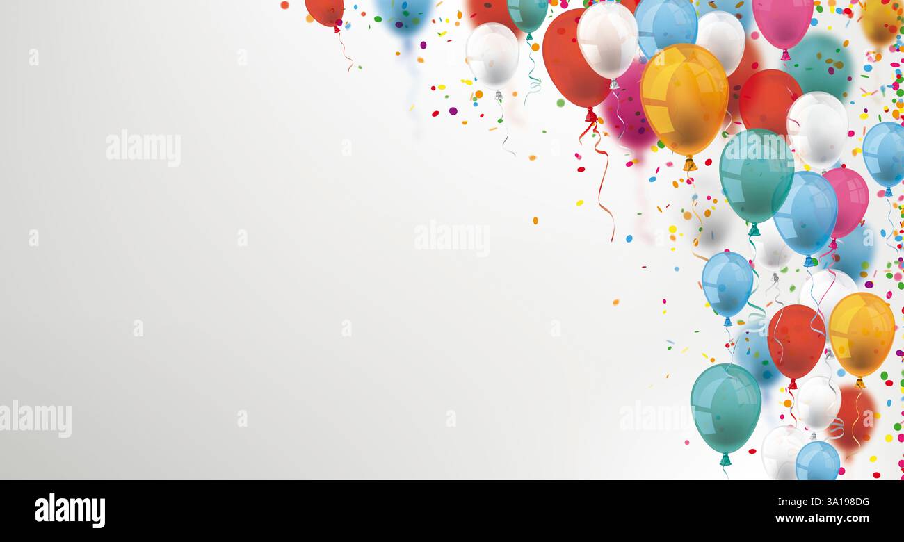 Ballons colorés et confettis sur le fond gris. Banque D'Images