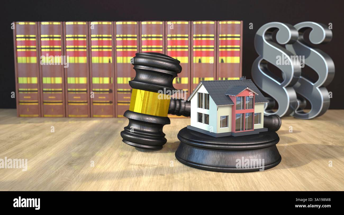 Un coin chambre avec marteau, des livres et les paragraphes sur la table en bois. 3d illustration. Banque D'Images