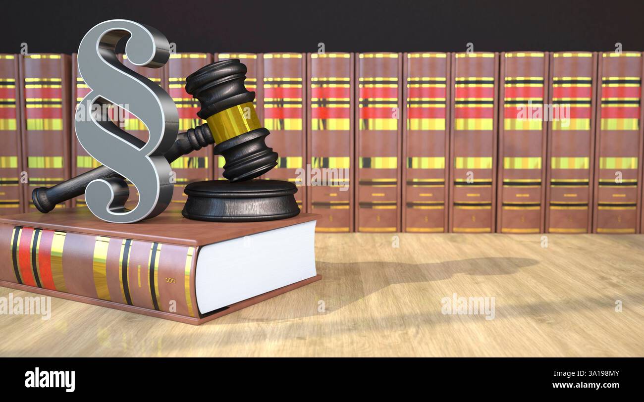 Les juges gavel au paragraphe et les livres sur la table en bois. 3d illustration. Banque D'Images