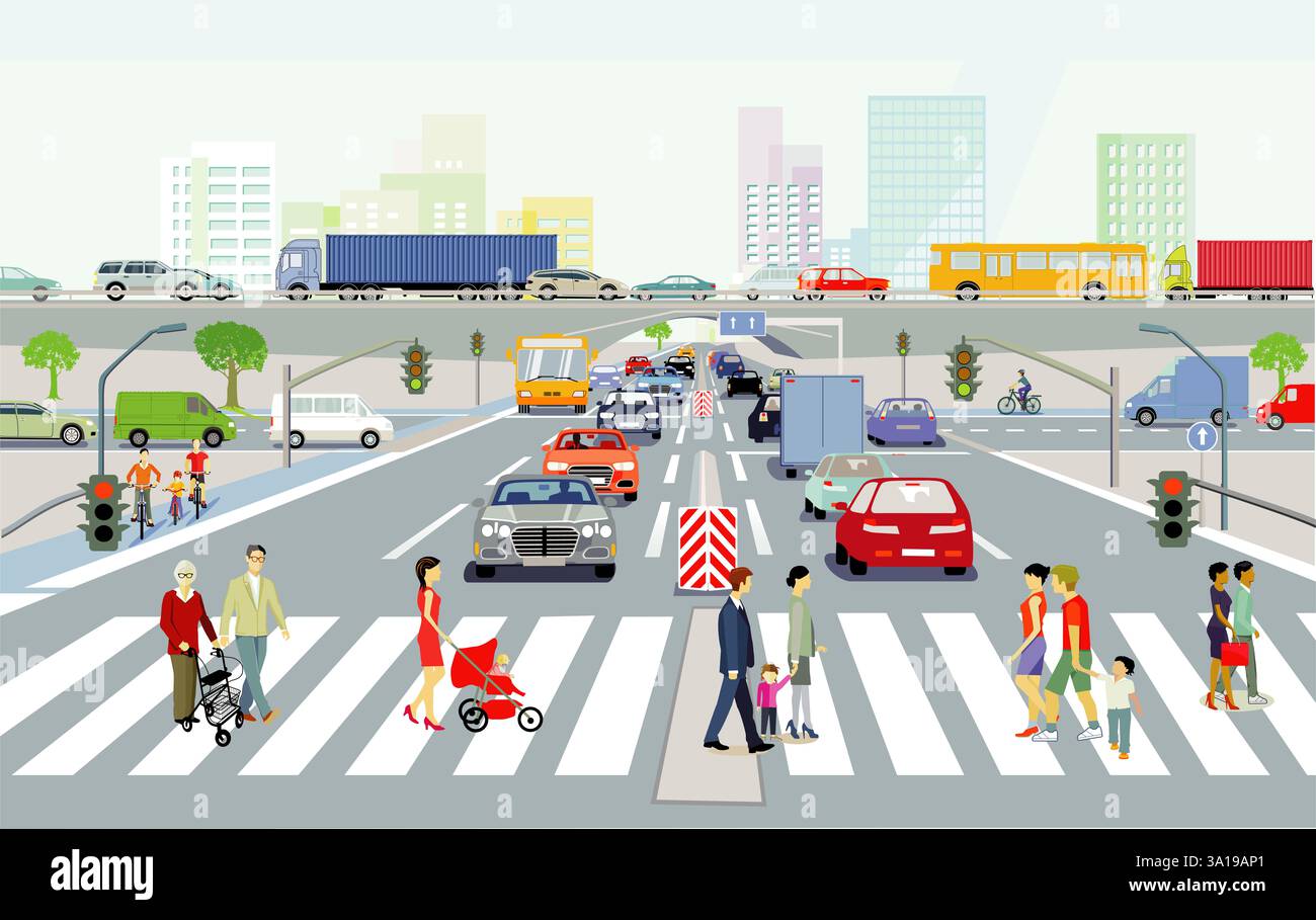 Silhouette de ville d'une grande ville avec le trafic automobile et le panorama des piétons, IIllustration Banque D'Images