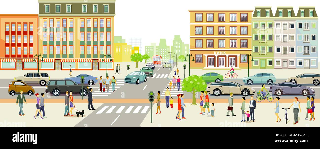 Horizon de ville d'une métropole avec circulation et piétons, panorama, illustration Banque D'Images