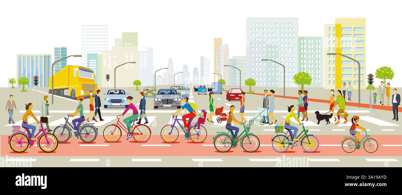 horizon de ville d'une métropole avec circulation et piétons, panorama, illustration Banque D'Images