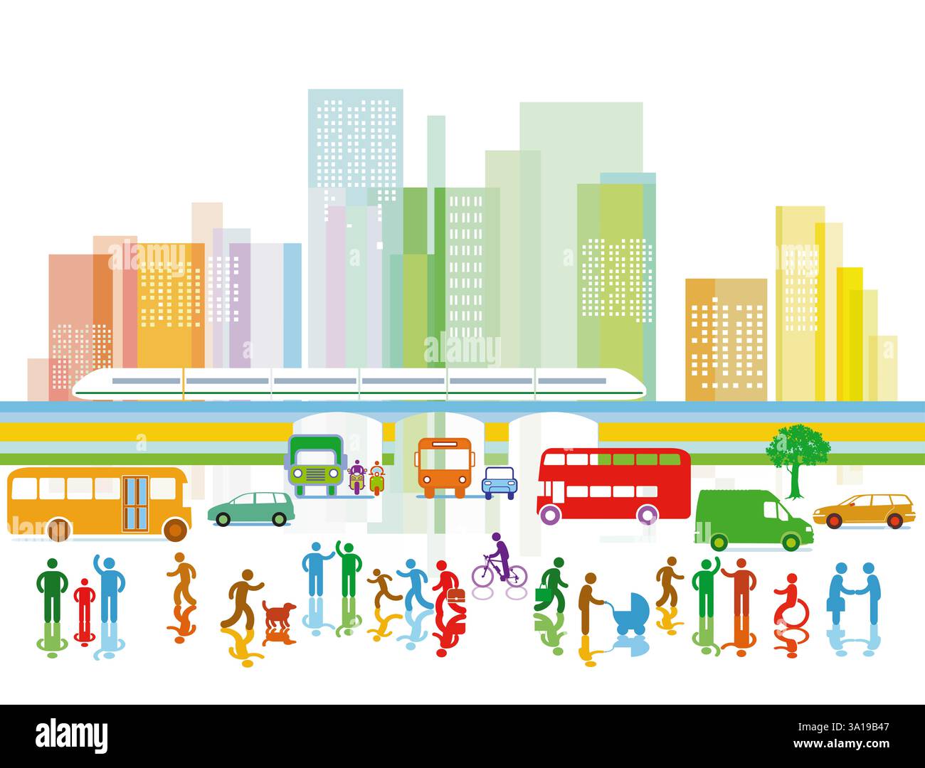 Horizon de la ville avec le trafic et les gens, illustration Banque D'Images