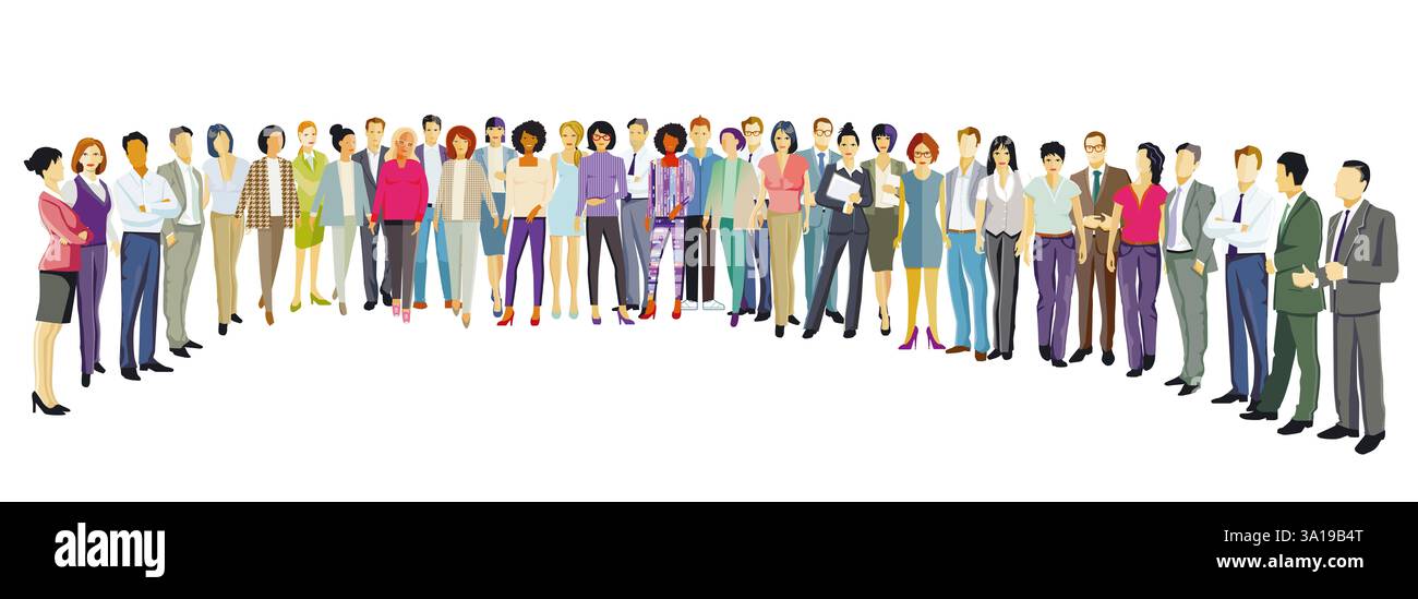 divers gens d'affaires debout ensemble, illustration isolée sur un fond blanc, Banque D'Images