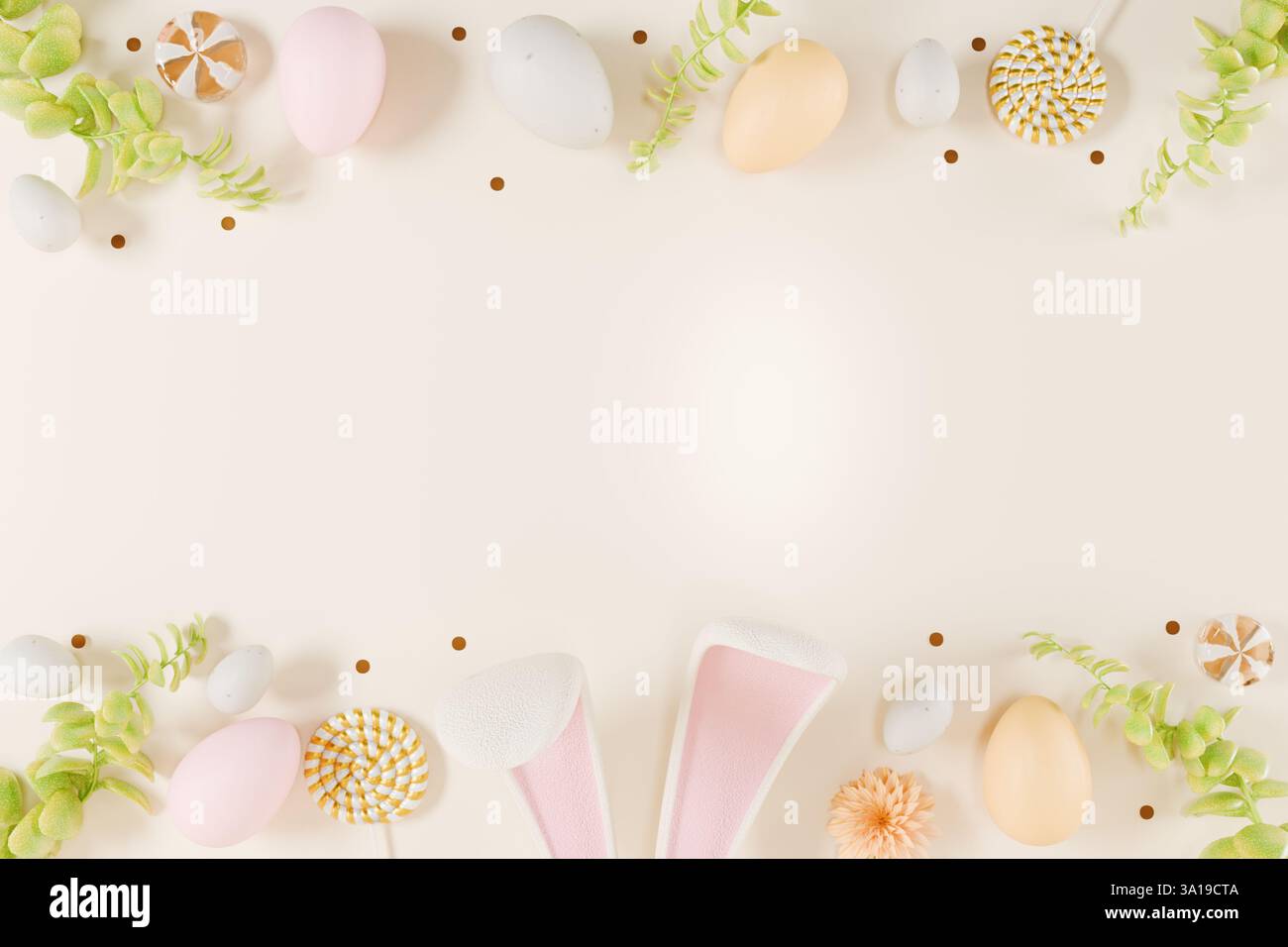 Décorations de Pâques avec des œufs colorés et des oreilles de lapin sur un fond clair. rendu 3d. Banque D'Images